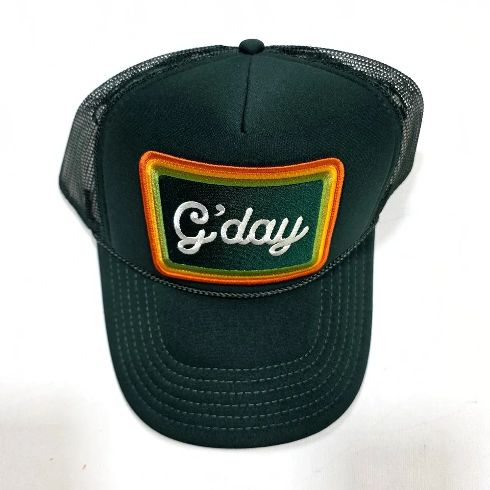 Port Sandz Trucker Hat Green G'day Patch Mesh Snapback Retro Beach Cap Surf